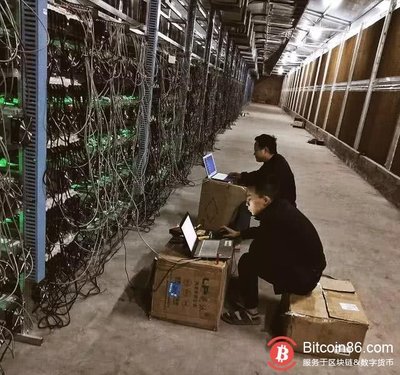 Vast mining farm with rows of active Bitcoin miners