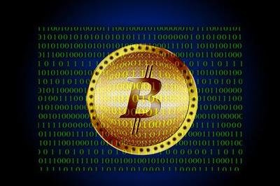 Bitcoin logos floating over digital mining rig visuals